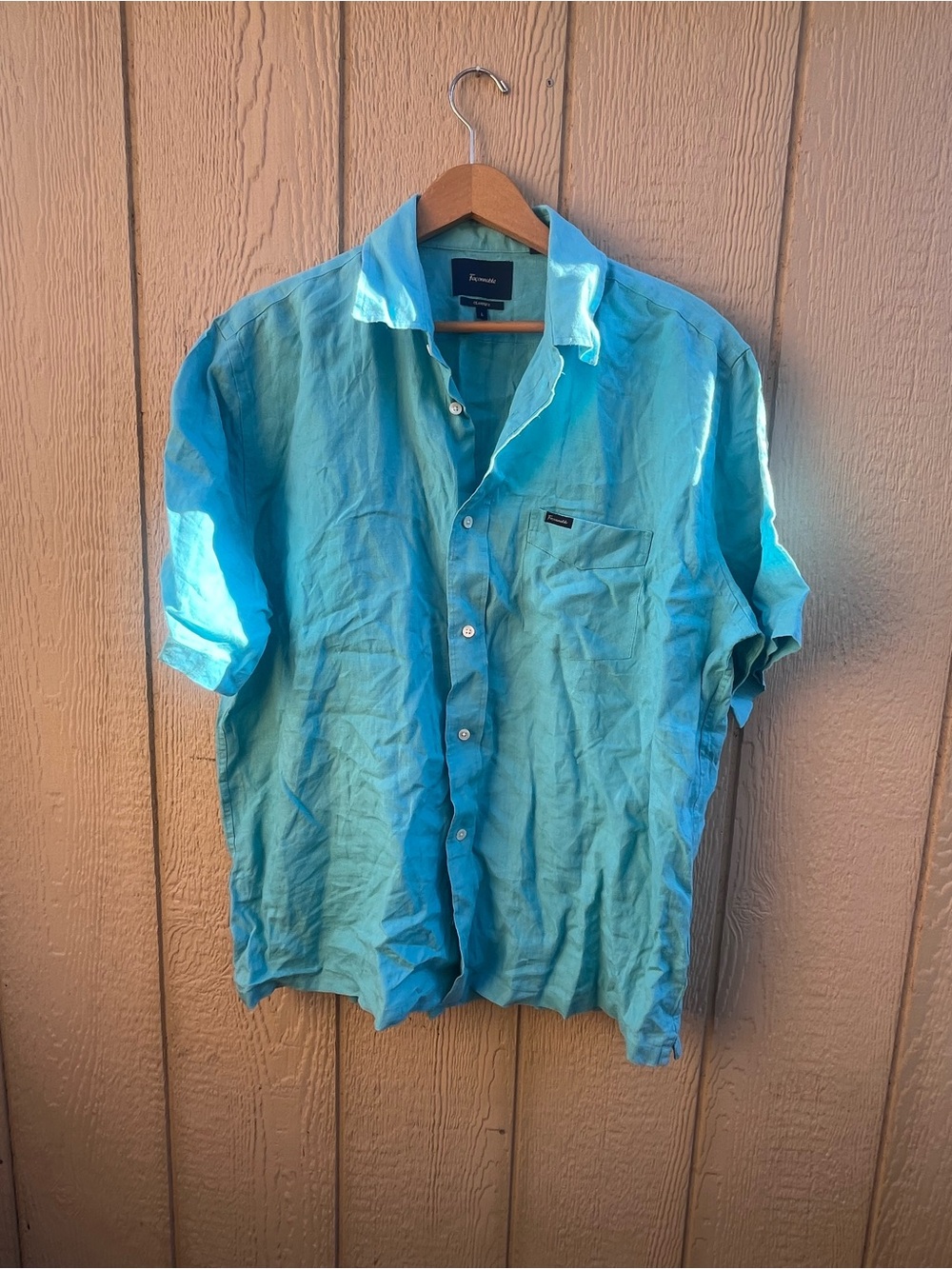 Faconnable Mens Baby Blue 100% Linen Short Sleeve Button Down, summer Resort L